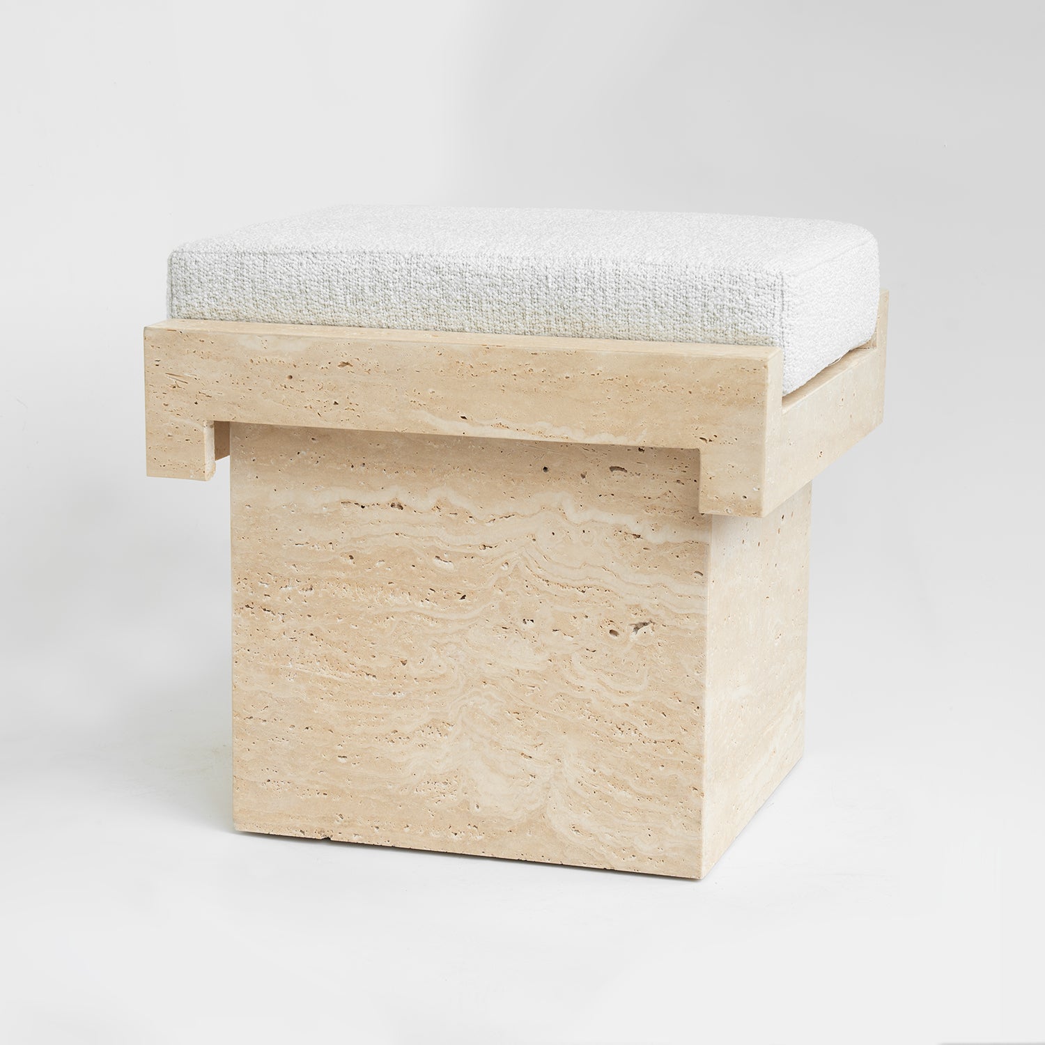 Travertine LEGO stool with boucle seat in natural finish