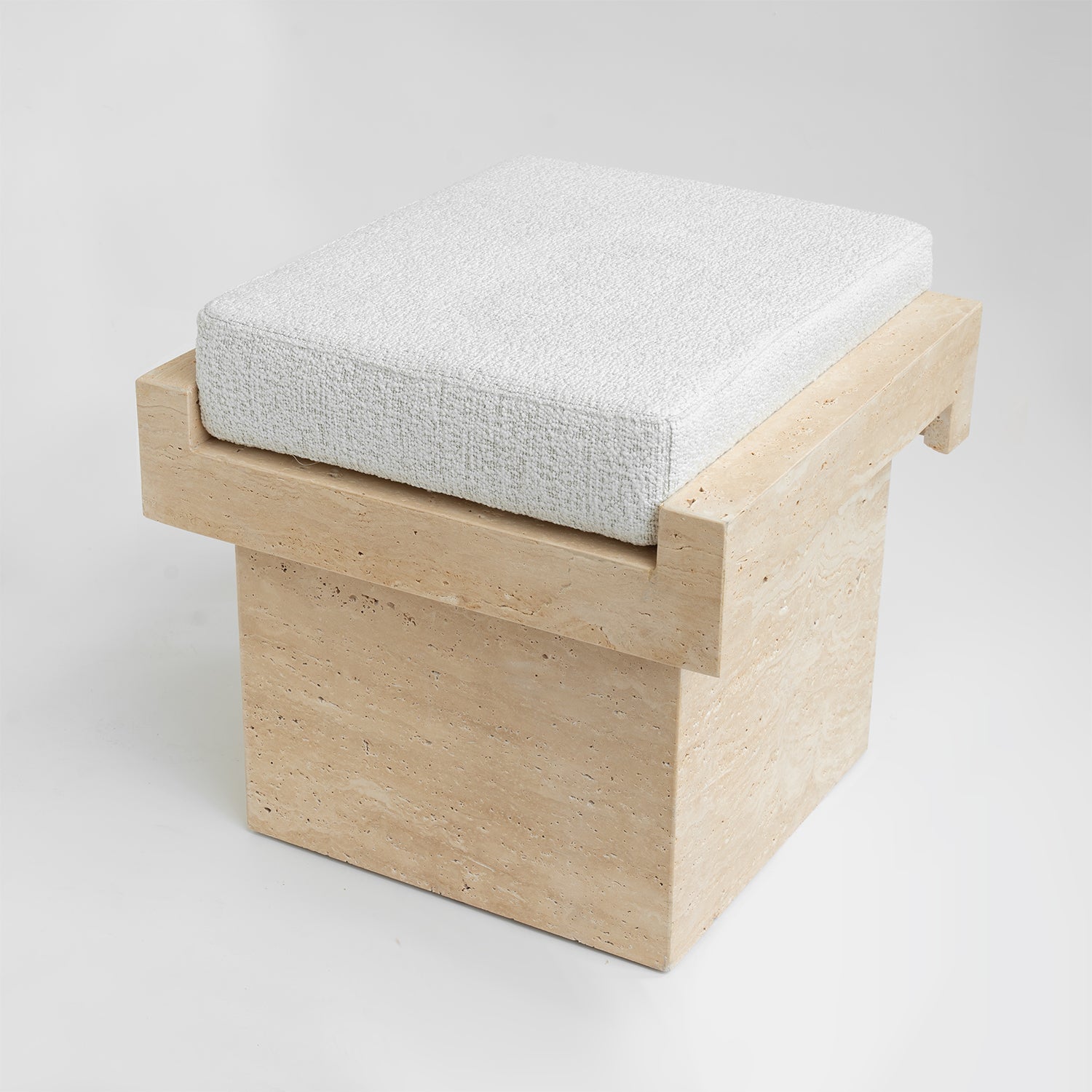Travertine LEGO stool with boucle seat in natural finish