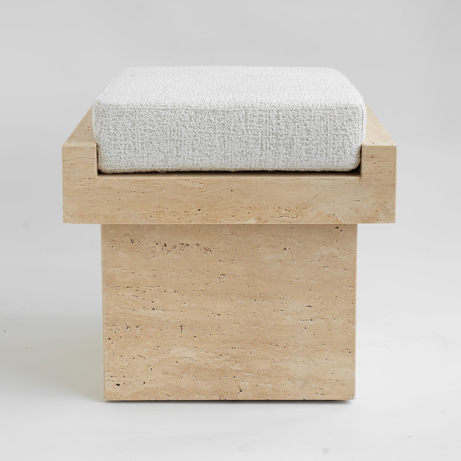 Travertine LEGO stool with boucle seat in natural finish