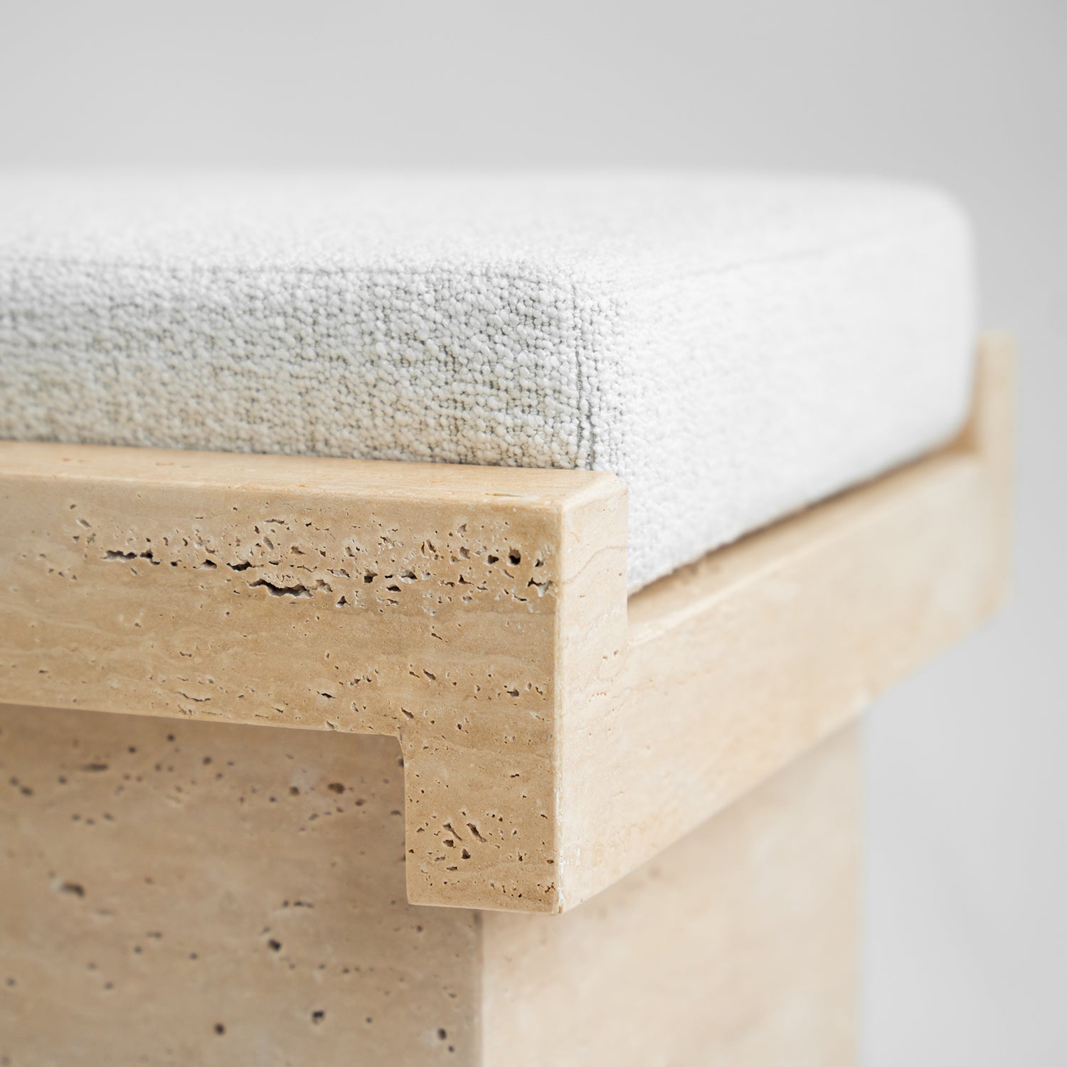 Travertine LEGO stool with boucle seat in natural finish