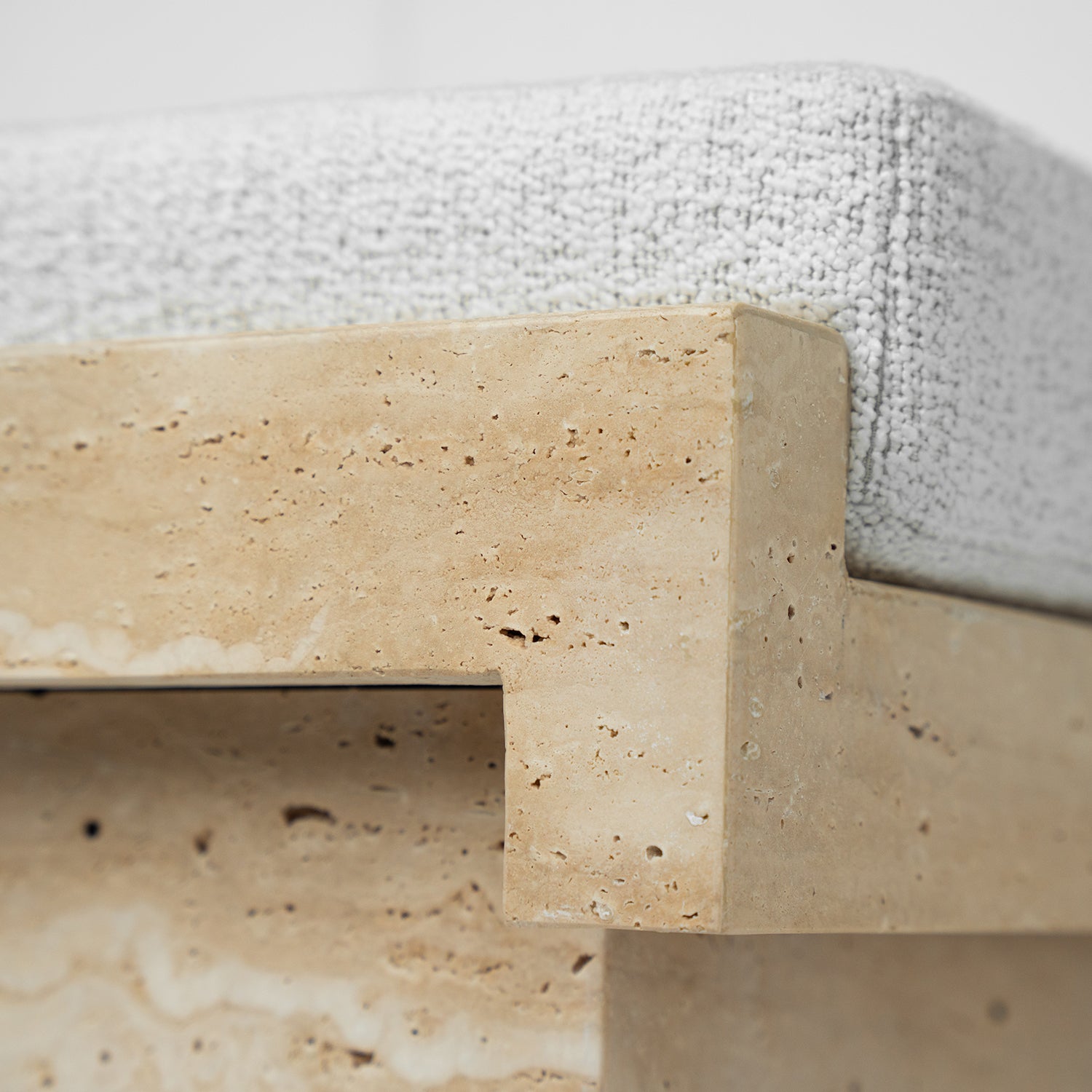 Travertine LEGO stool with boucle seat in natural finish