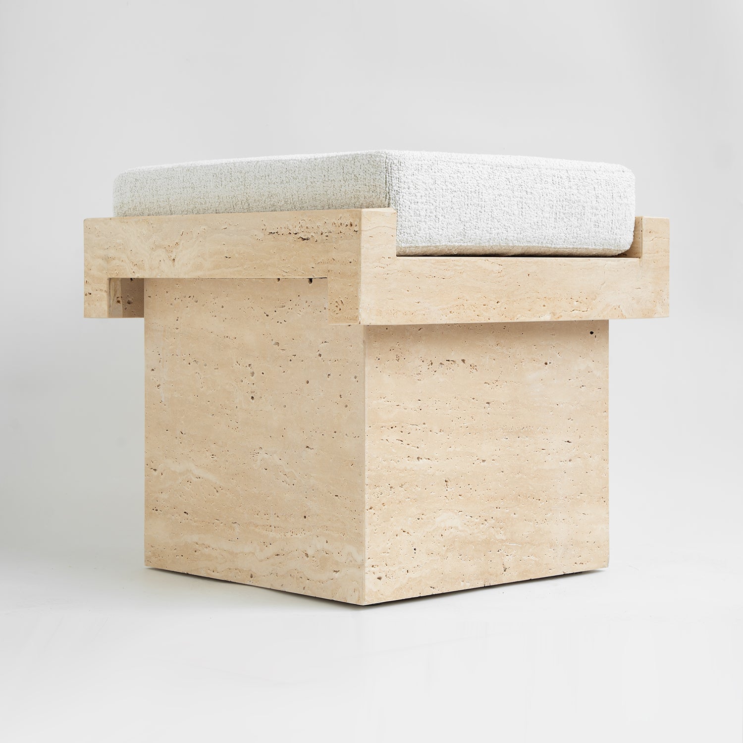Travertine LEGO stool with boucle seat in natural finish
