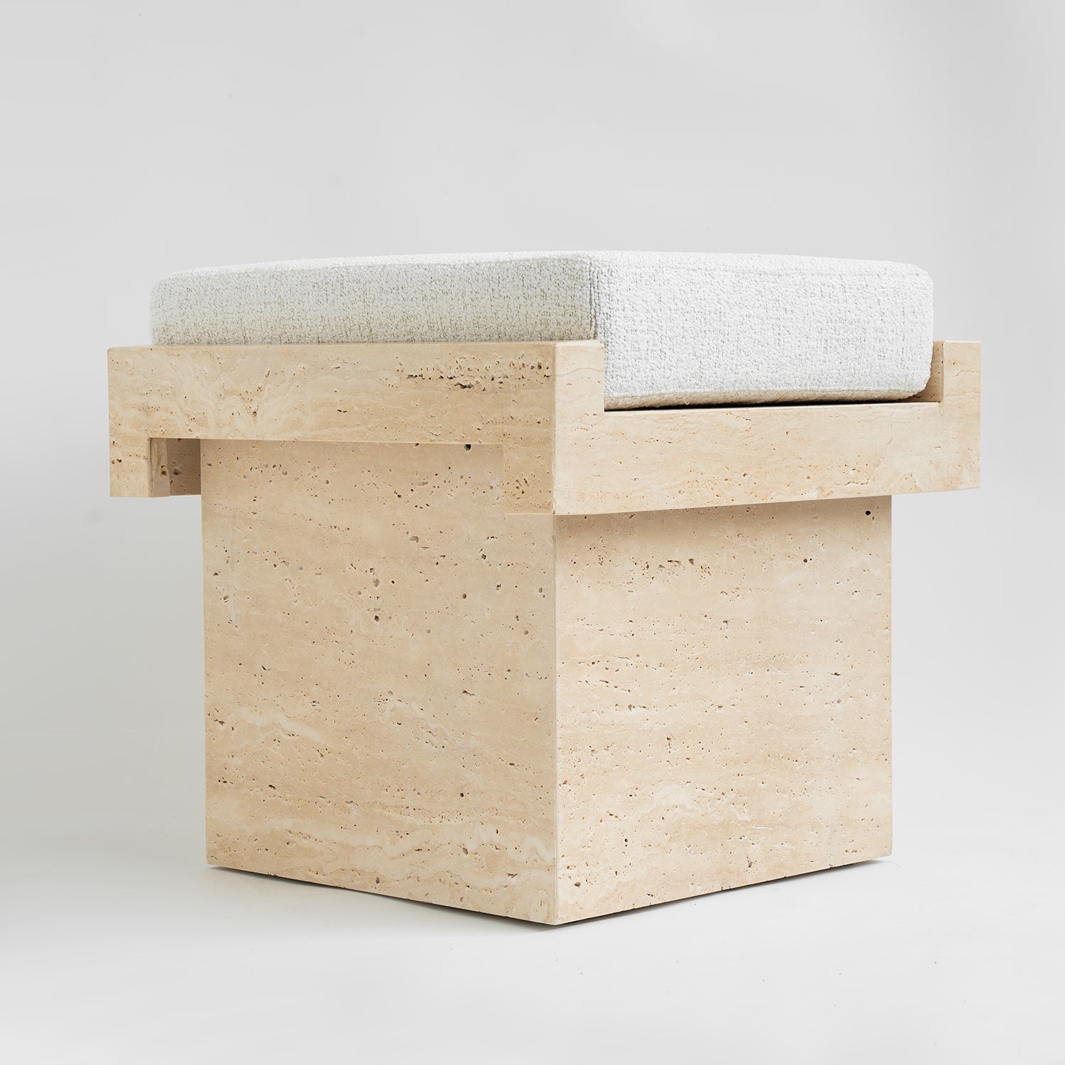 Travertine LEGO stool with boucle seat in natural finish