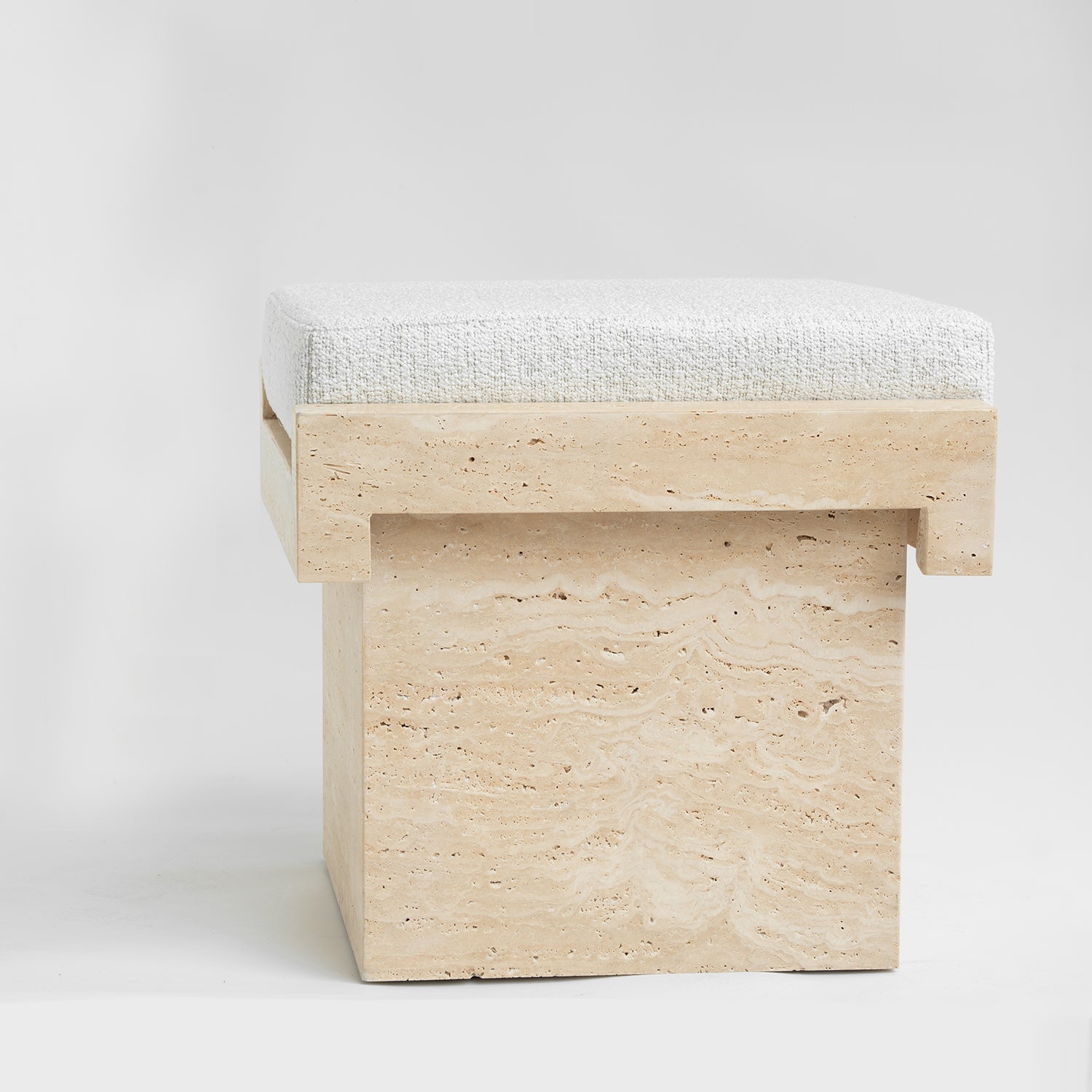 Travertine LEGO stool with boucle seat in natural finish
