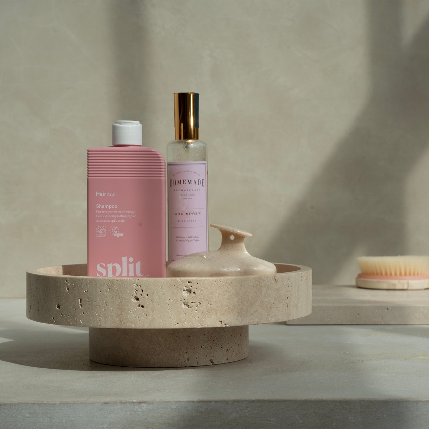 Decorative travertine fruit bowl made from natural stone