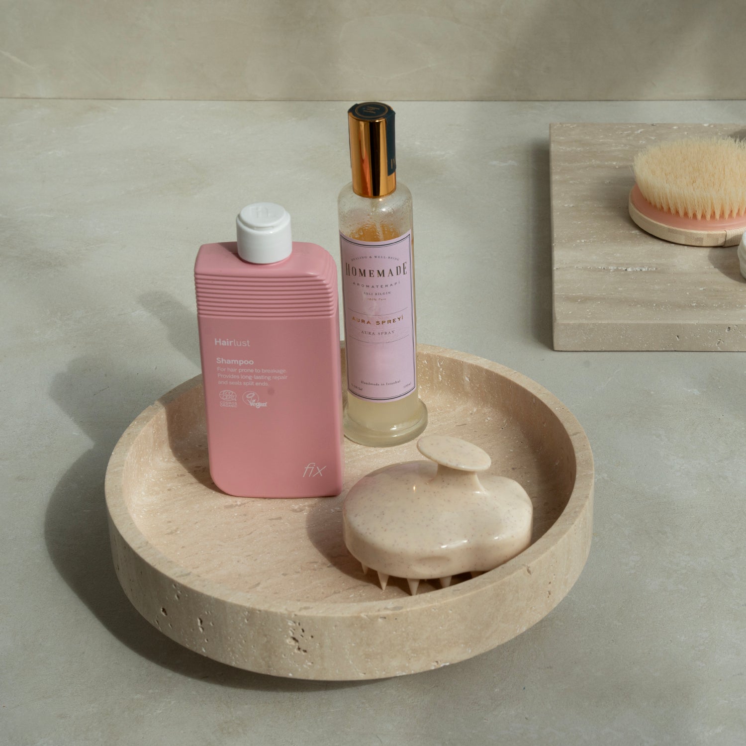 Decorative travertine fruit bowl made from natural stone