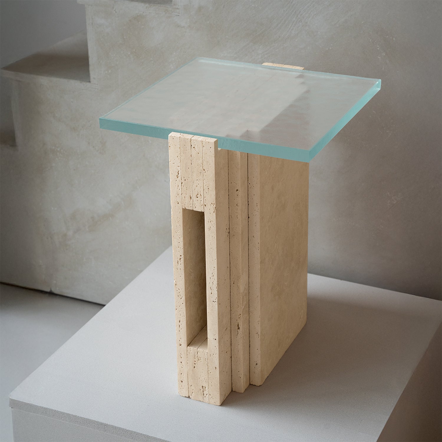 TRAVERTINE - GLASS SIDE TABLE 'LLOYD'