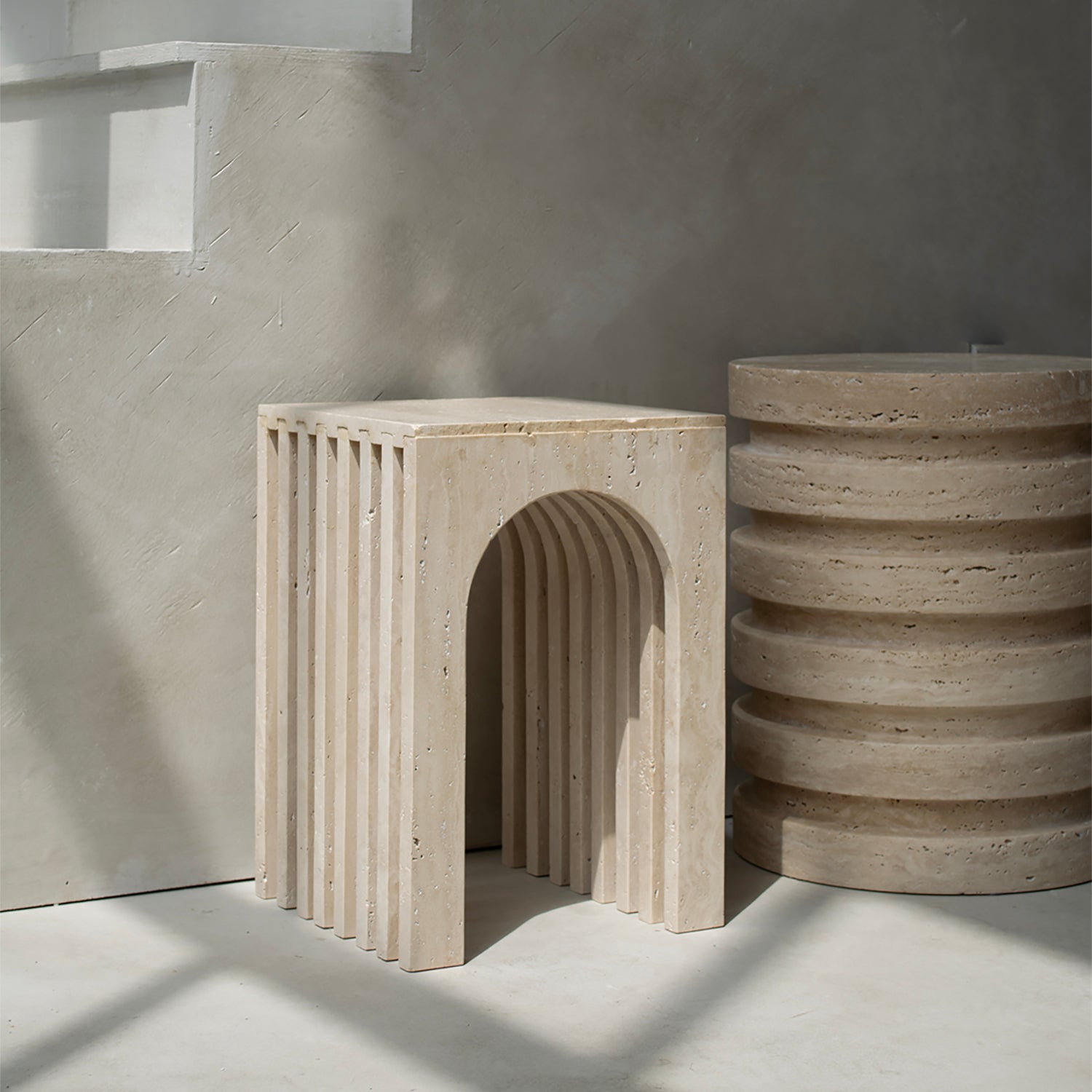 Beige travertine arch side table with marble stone finish