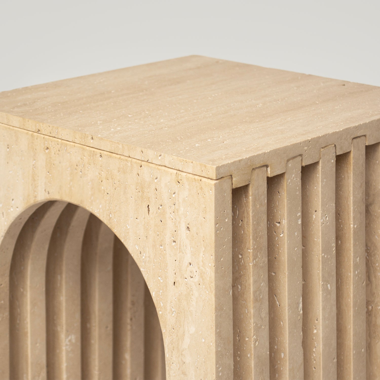 Beige travertine arch side table with marble stone finish