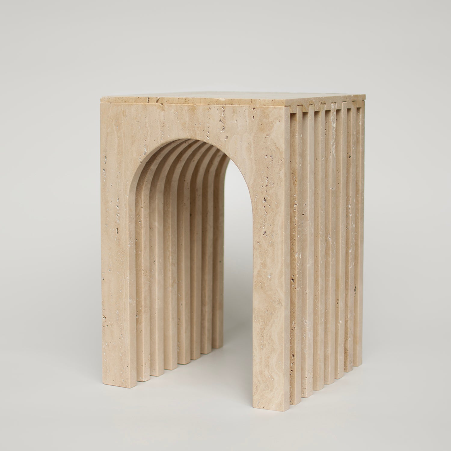 Beige travertine arch side table with marble stone finish