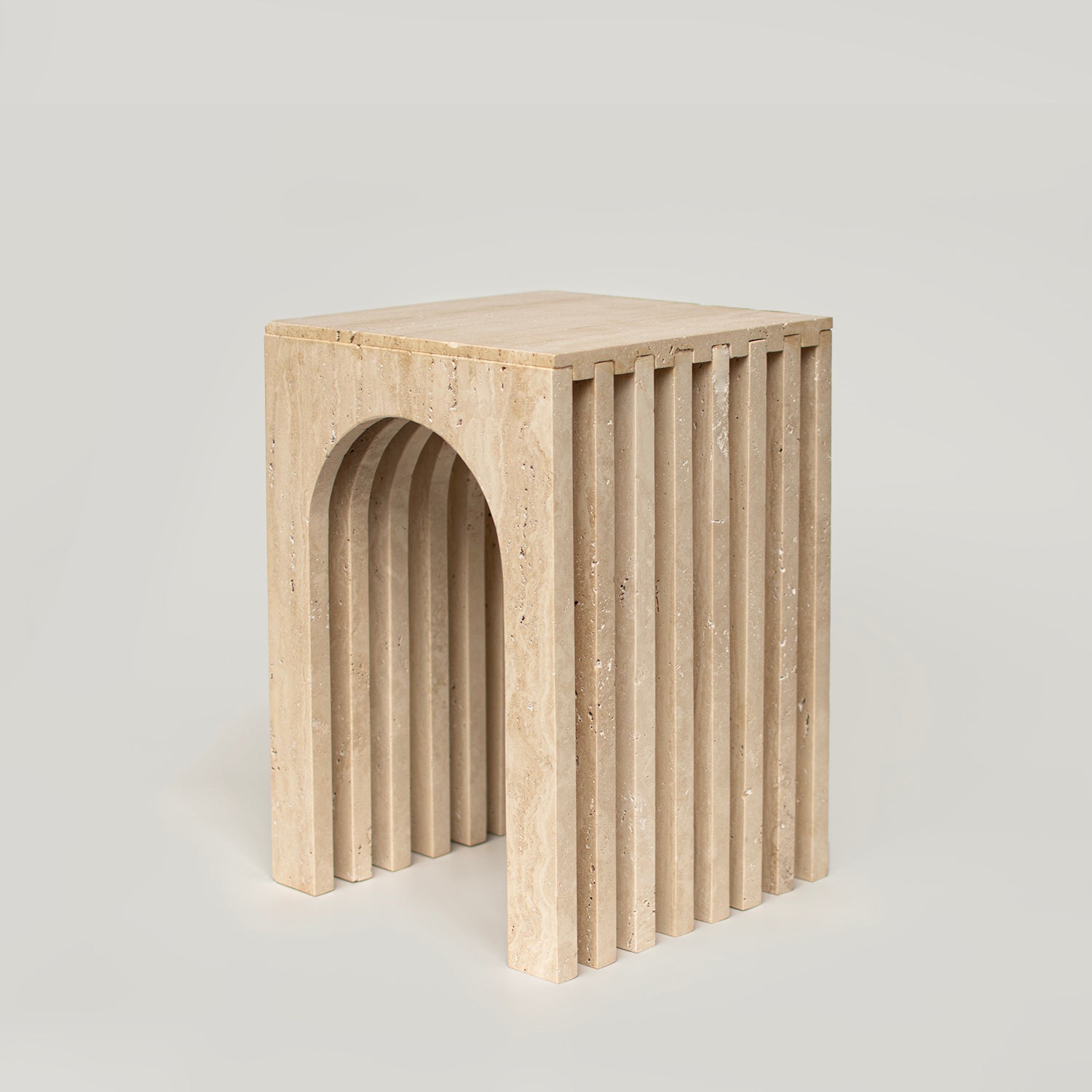 Beige travertine arch side table with marble stone finish