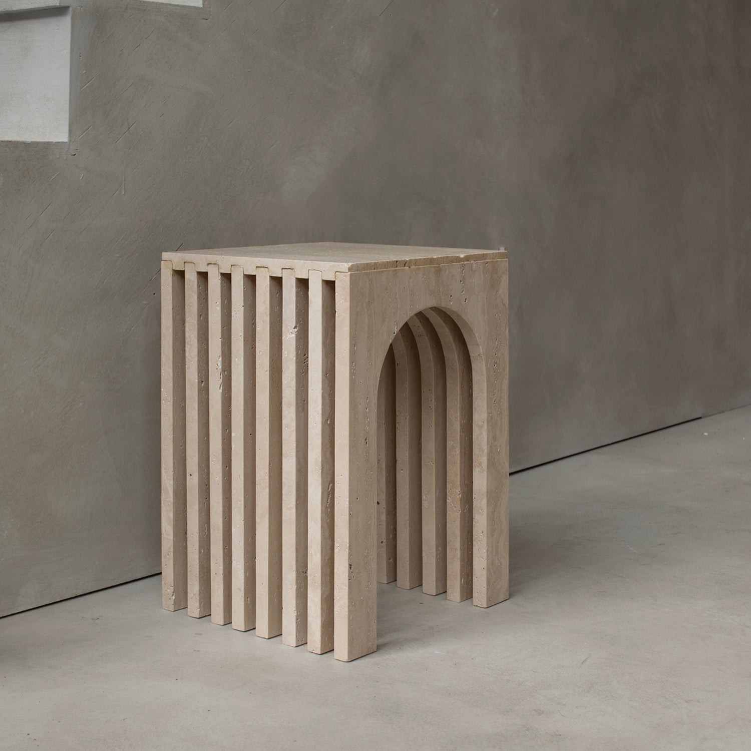 Beige travertine arch side table with marble stone finish