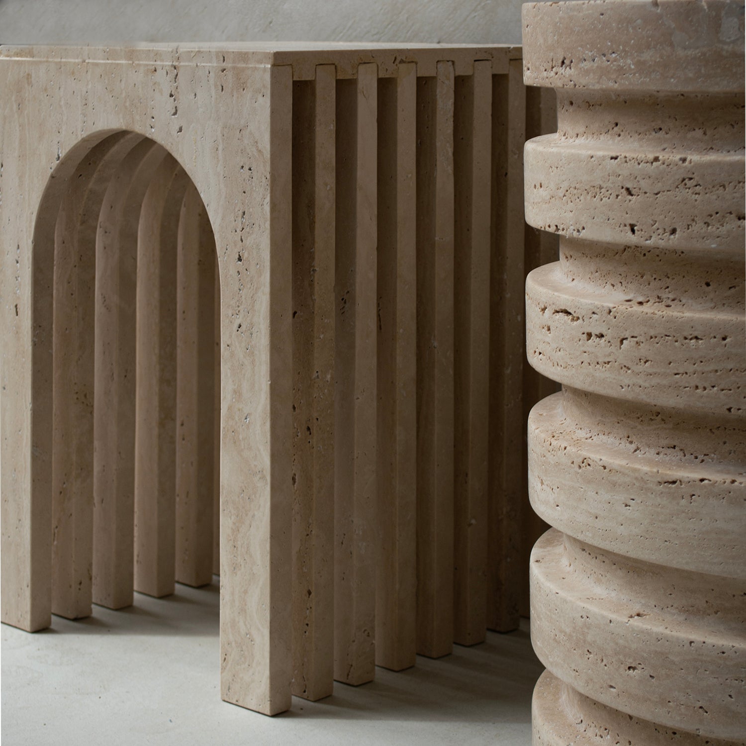 Beige travertine arch side table with marble stone finish