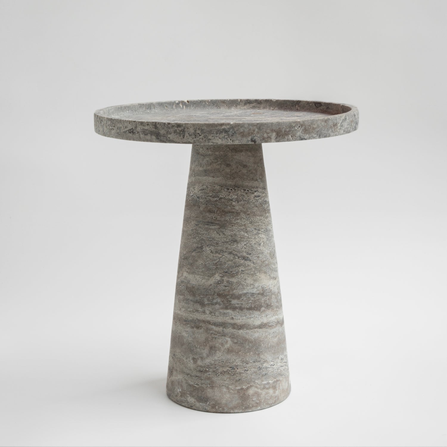 Silver travertine cone side table with polished stone base