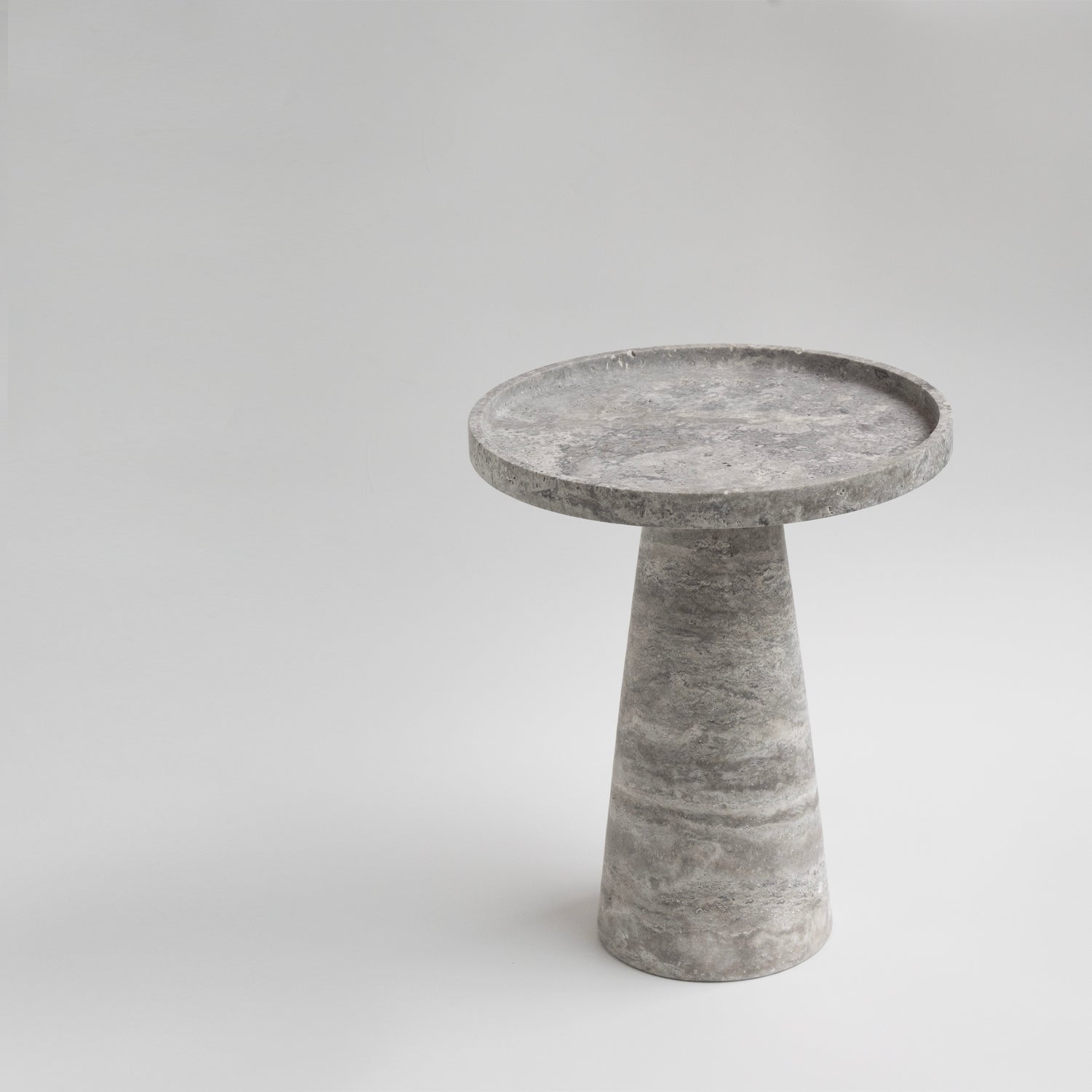 Silver travertine cone side table with polished stone base