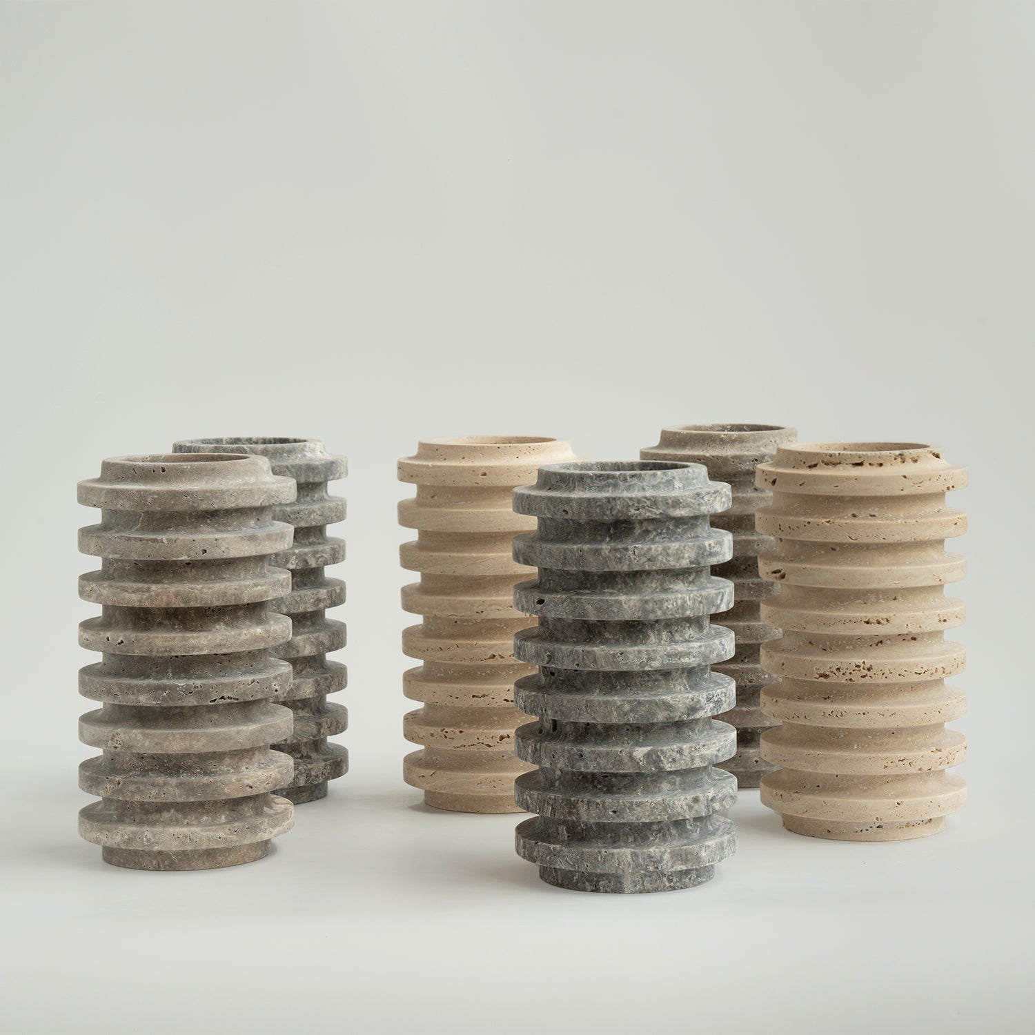 Silver travertine vase with layered natural stone texture