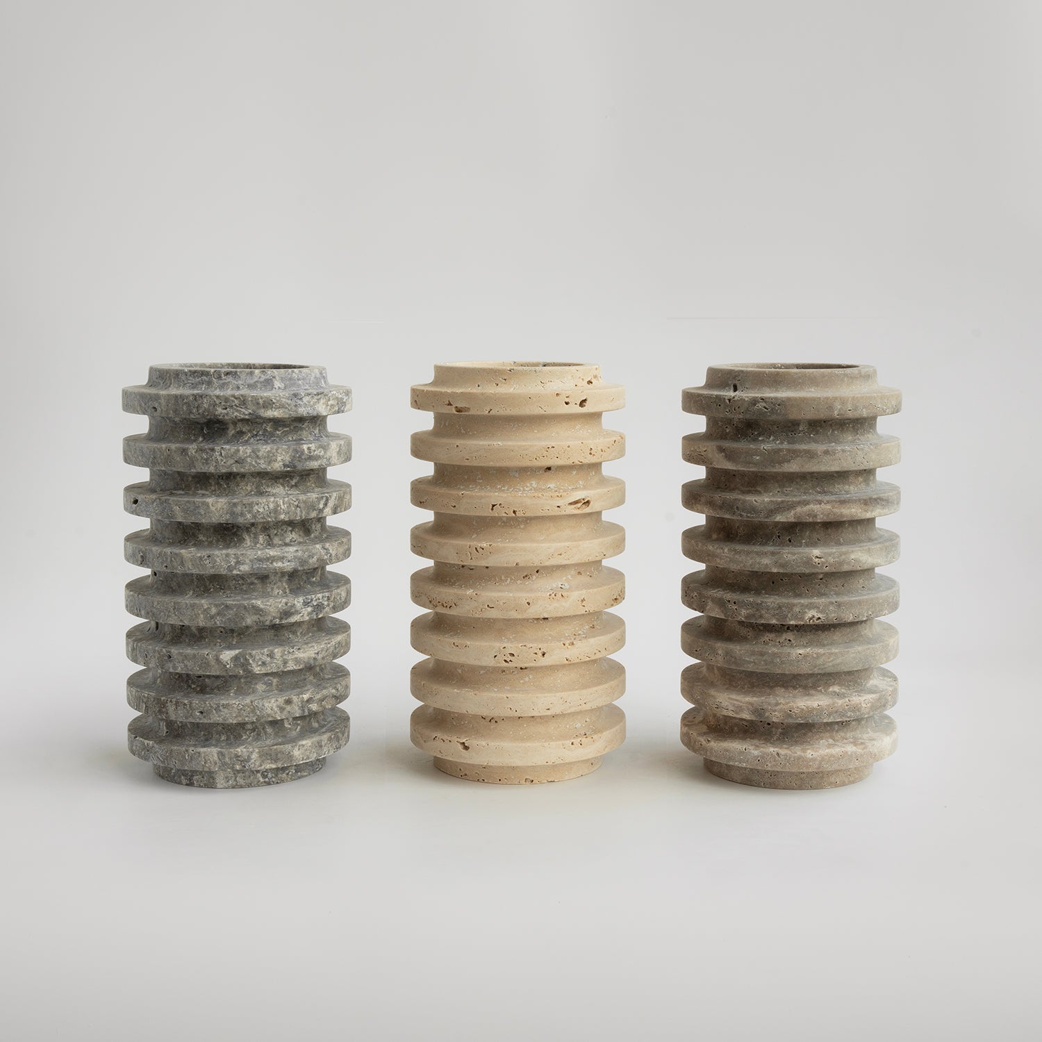 Silver travertine vase with layered natural stone texture