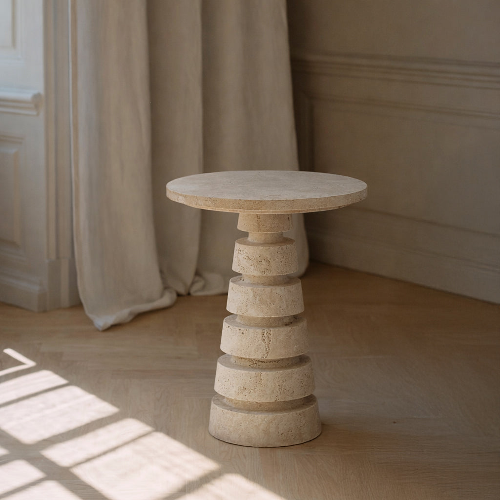 TRAVERTINE 'LAYERED CONE' SIDE TABLE