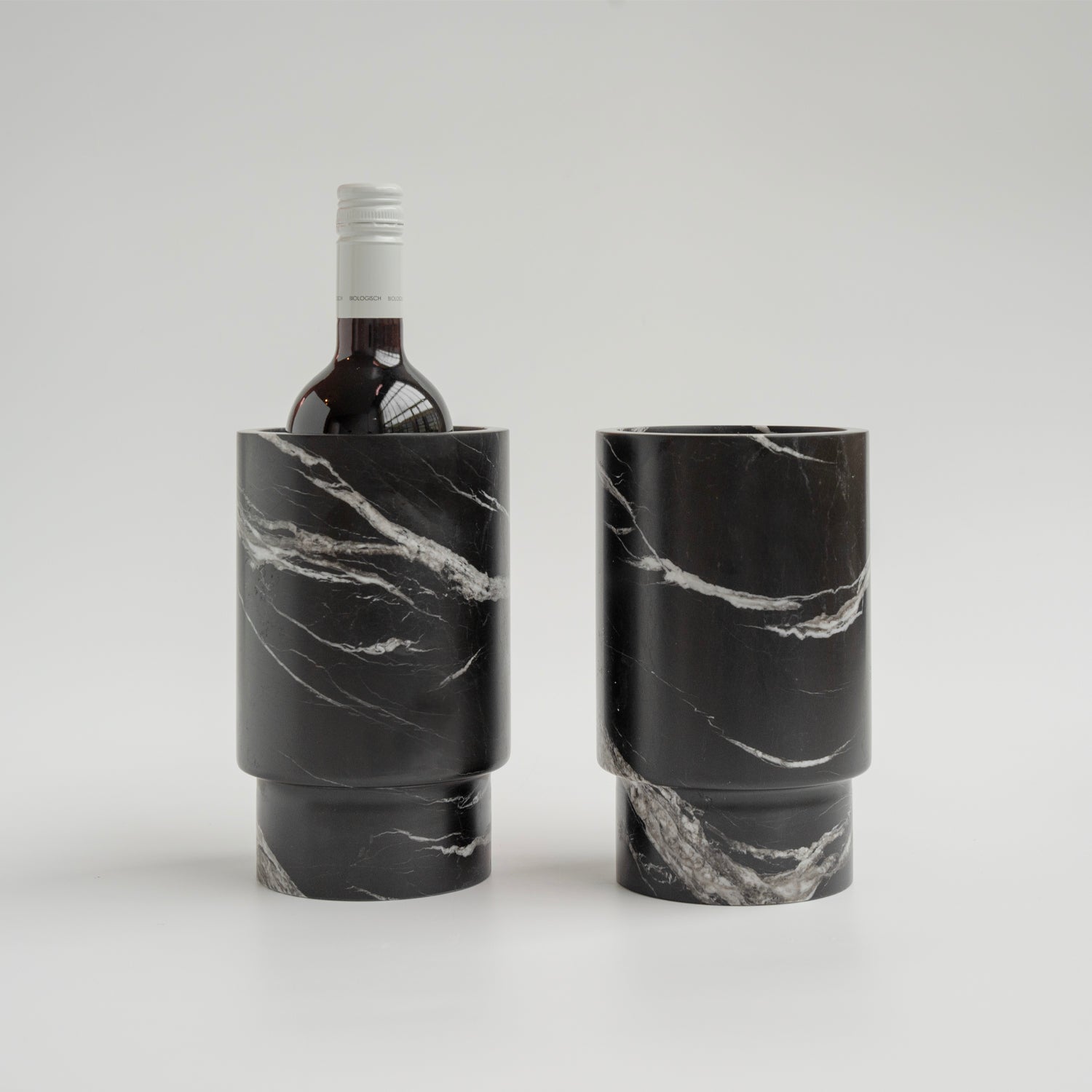 Black marble wine cooler with white veining