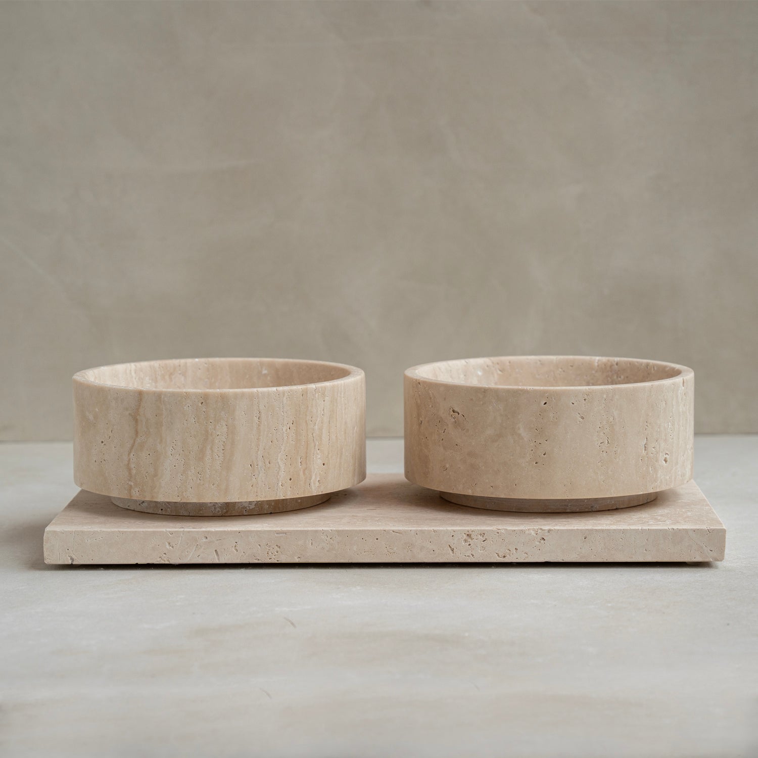 Travertine pet bowl set with tray and marble dog bowls