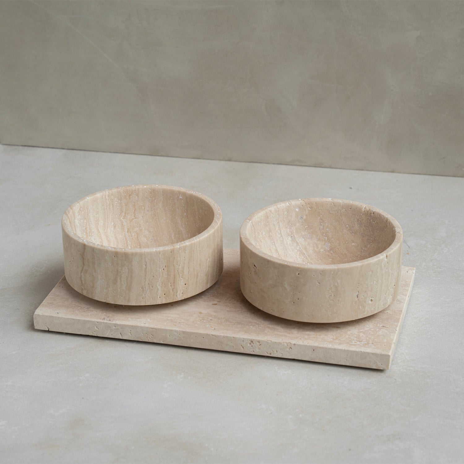 Travertine pet bowl set with tray and marble dog bowls