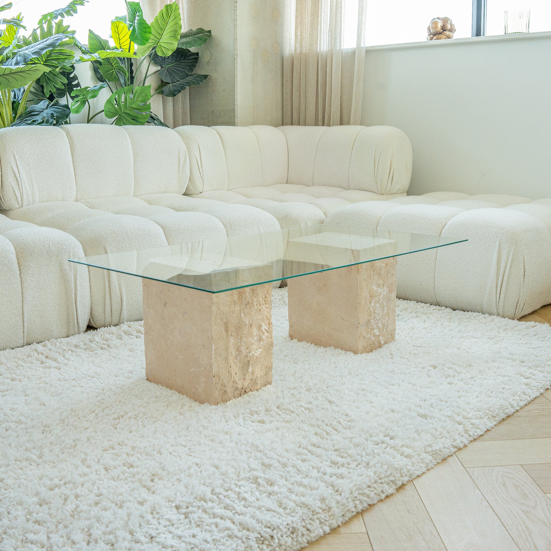 Travertine side table with natural stone texture