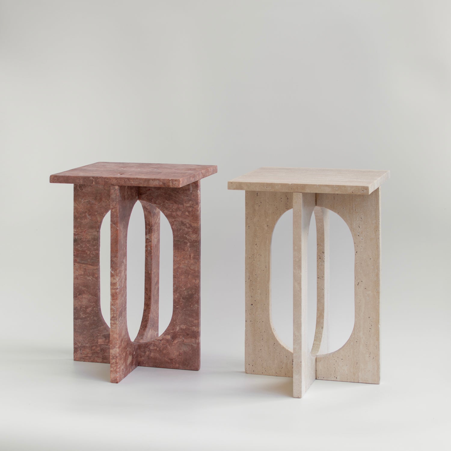 Travertine side table with square top and stone base