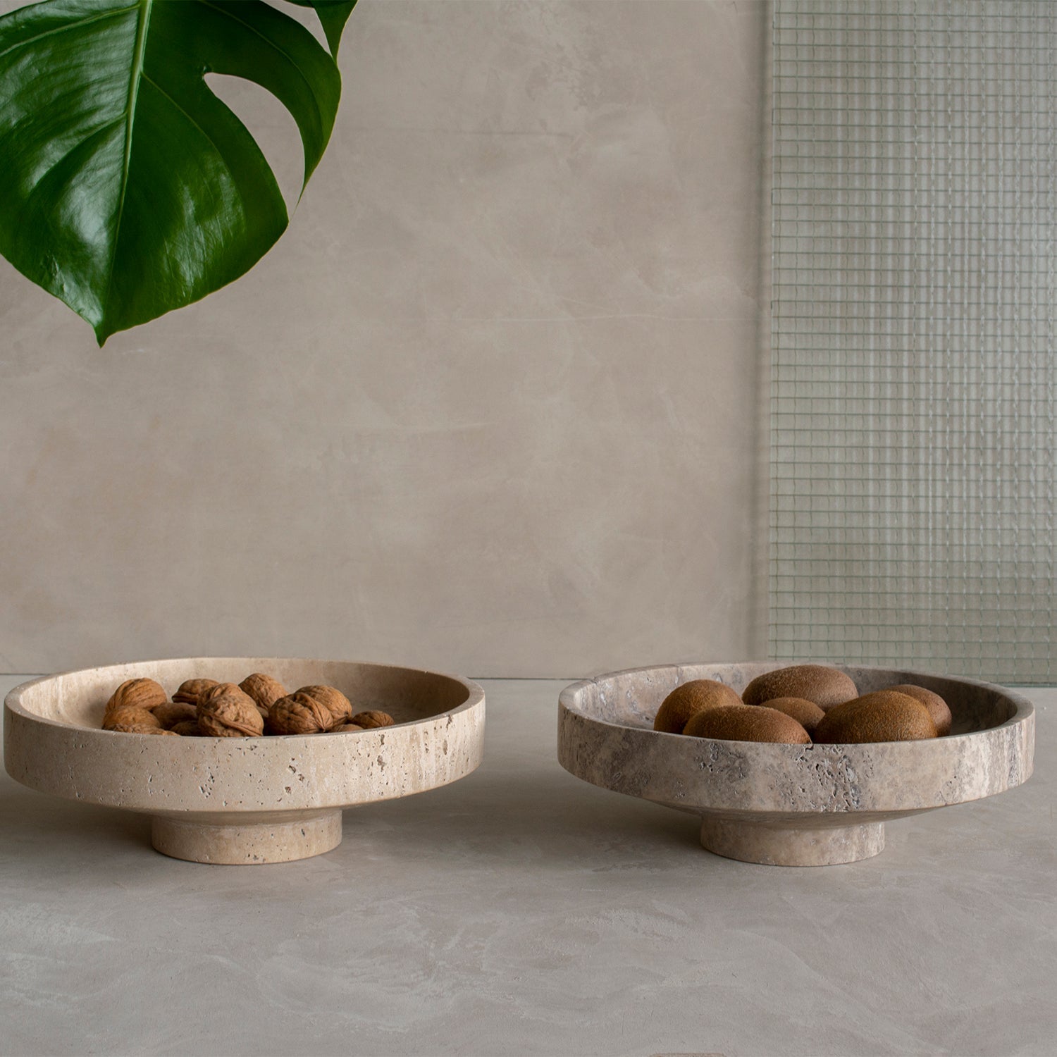 Silver travertine bowl with natural veining detail