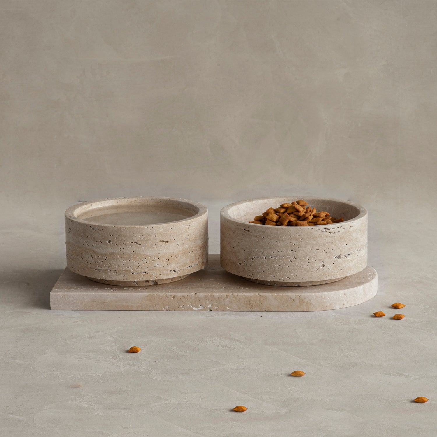 Travertine pet bowl set with tray and marble dog bowls