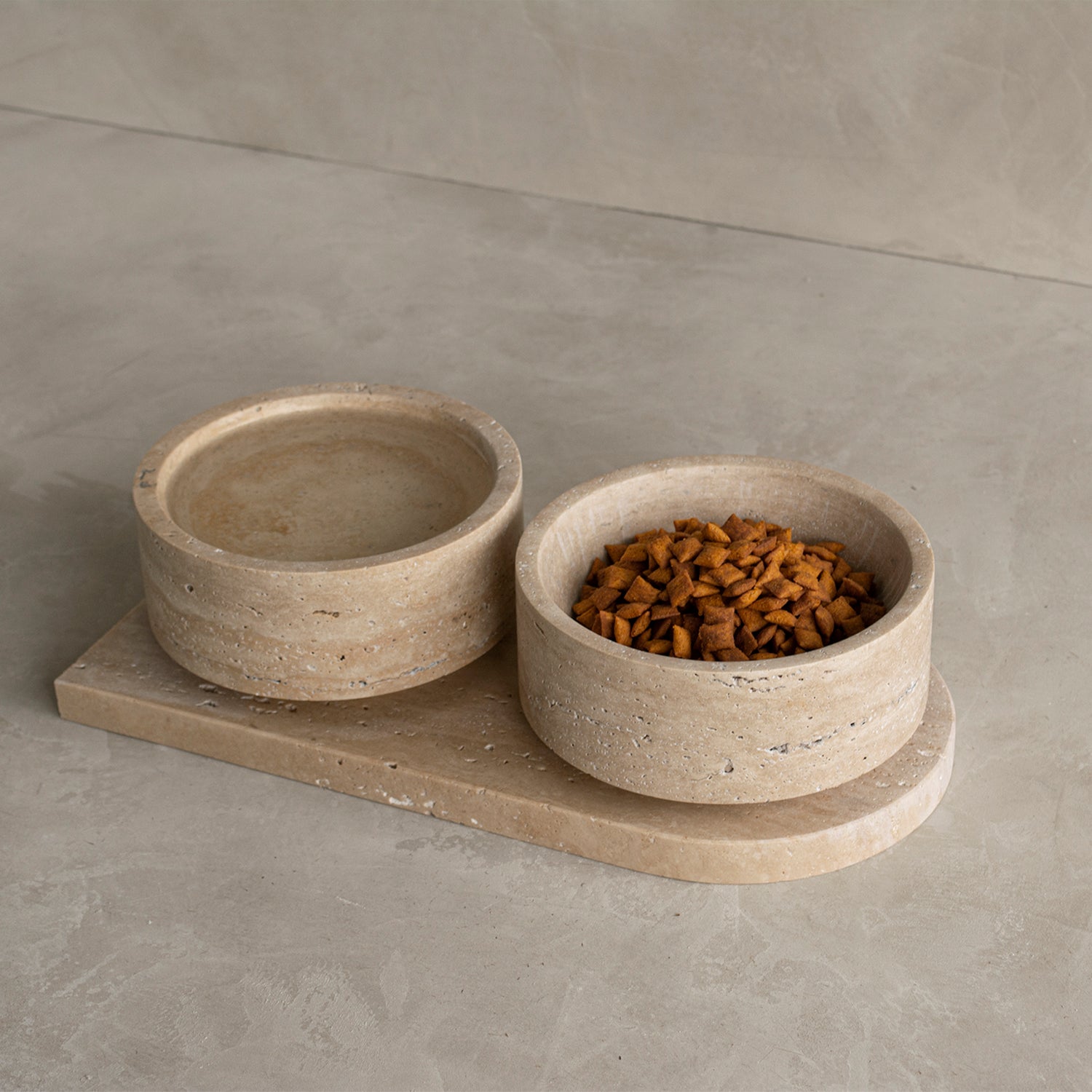 Travertine pet bowl set with tray and marble dog bowls