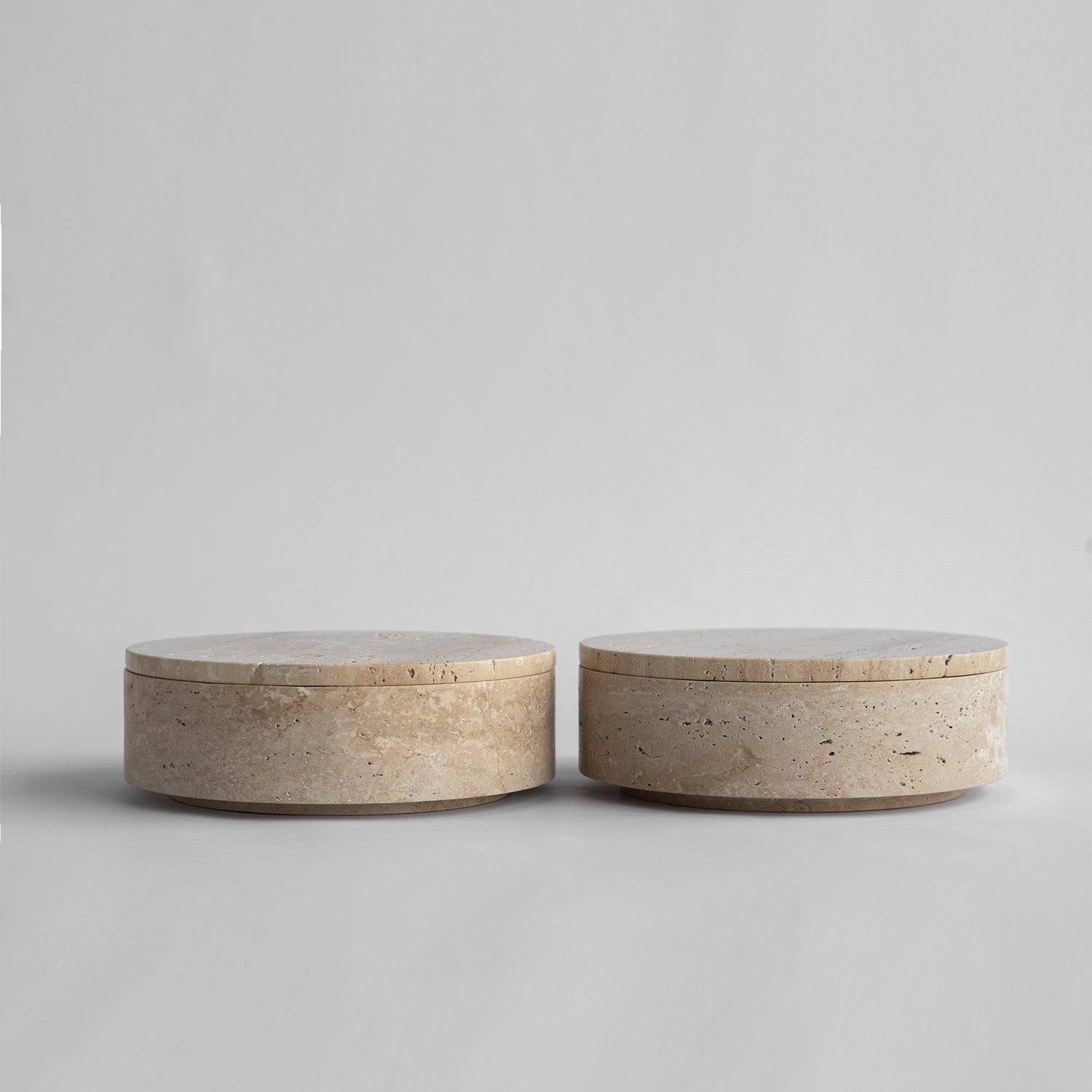 Travertine bowl with lid for shelf or tabletop display