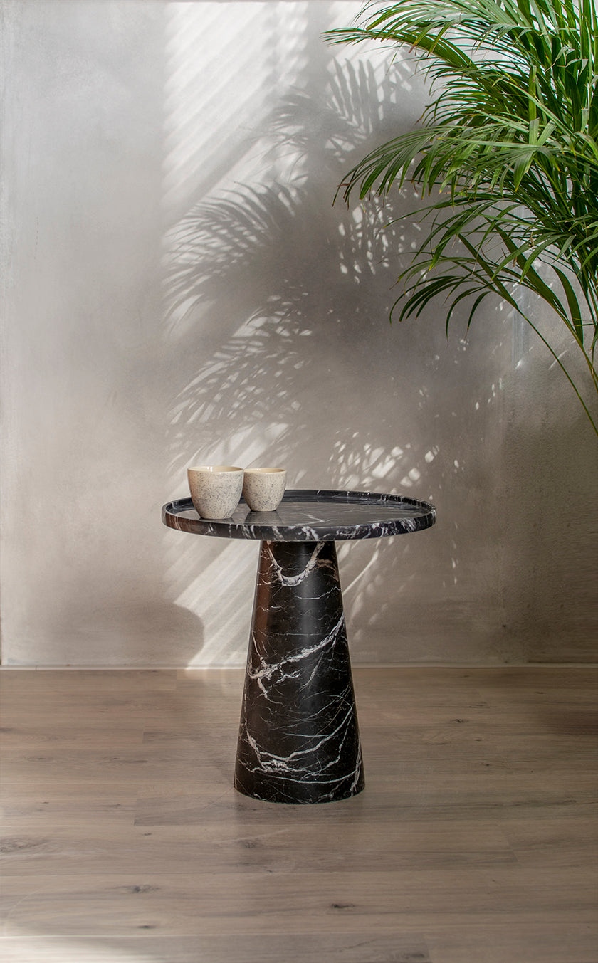 Black marble cone side table with round honed surface