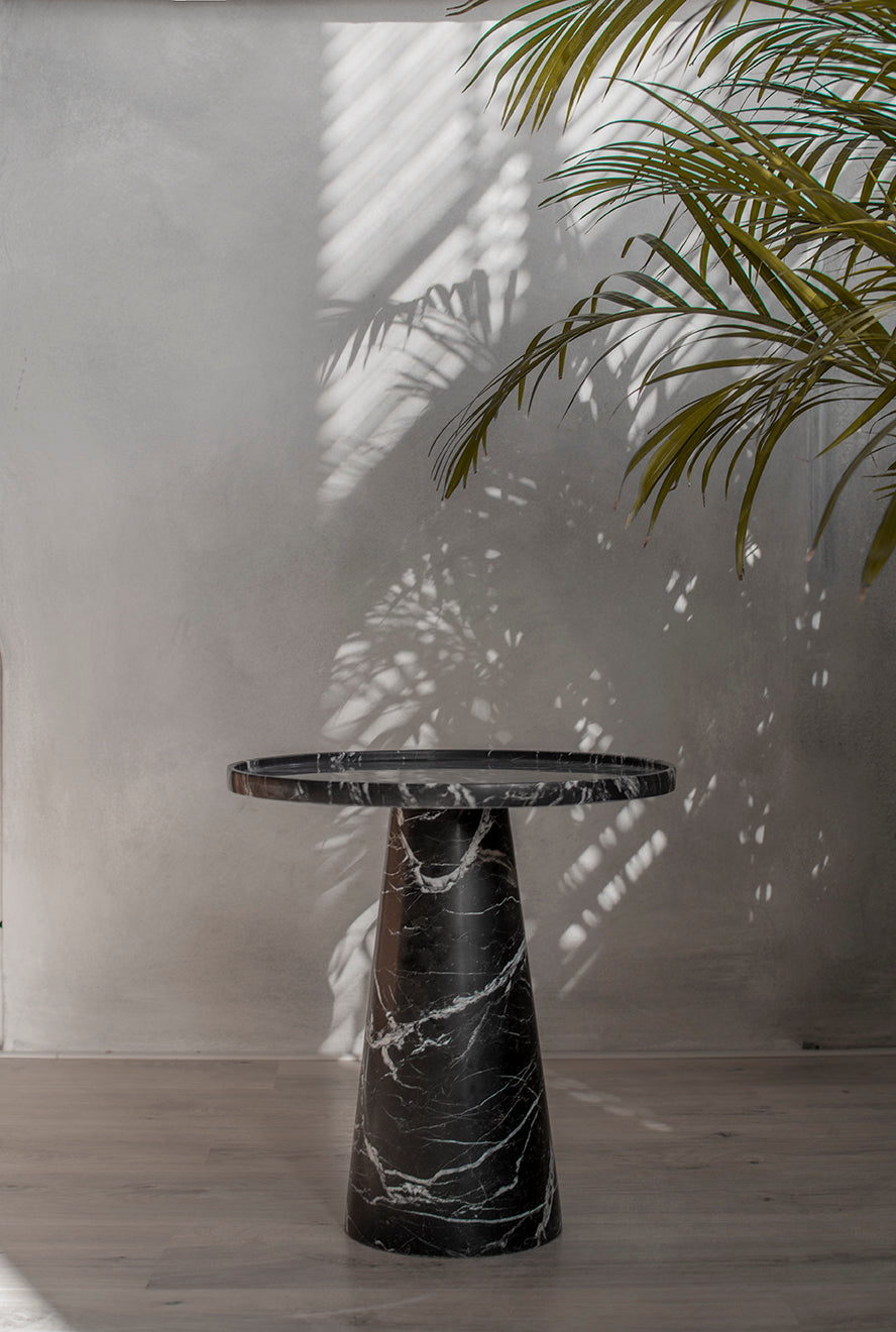 Black marble cone side table with round honed surface