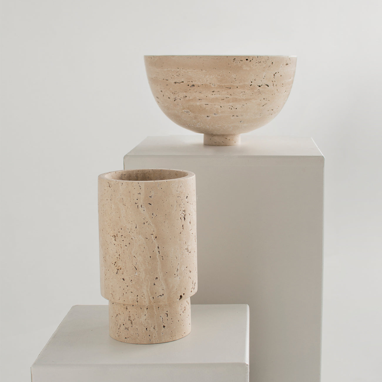 Travertine fruit bowl centerpiece with natural stone detail