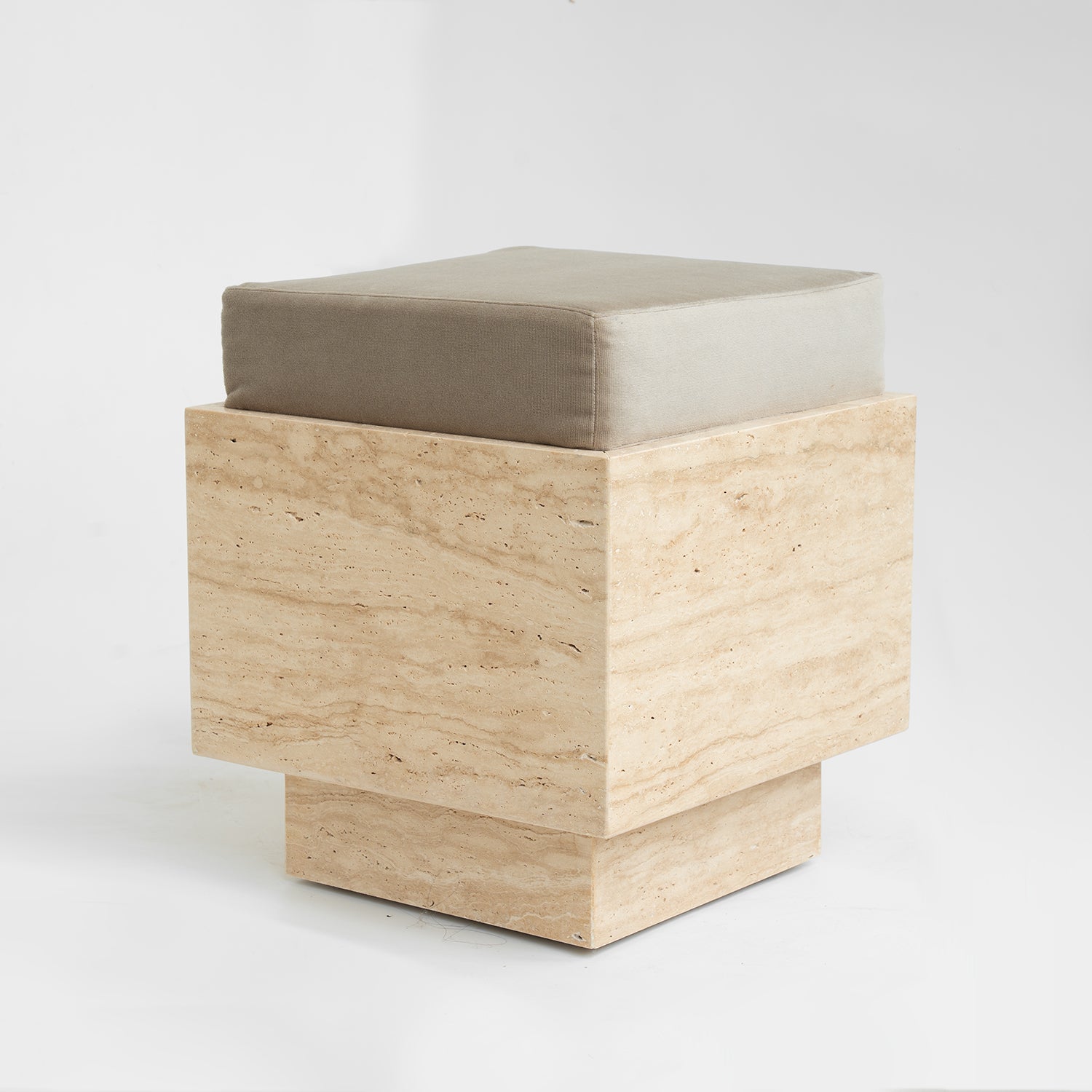 TRAVERTINE CUBE STOOL WITH VELVET CUSHION