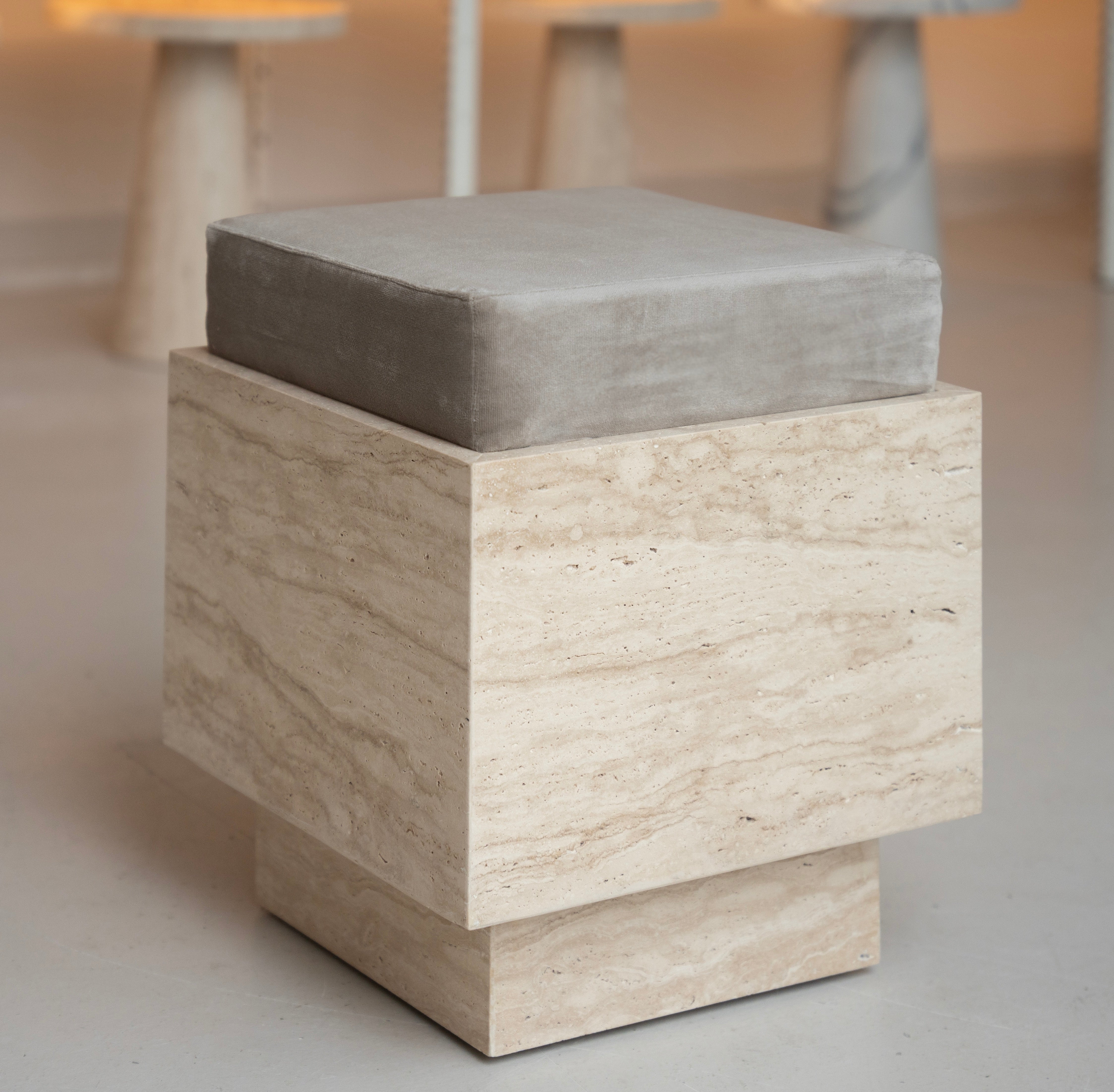 TRAVERTINE CUBE STOOL WITH VELVET CUSHION