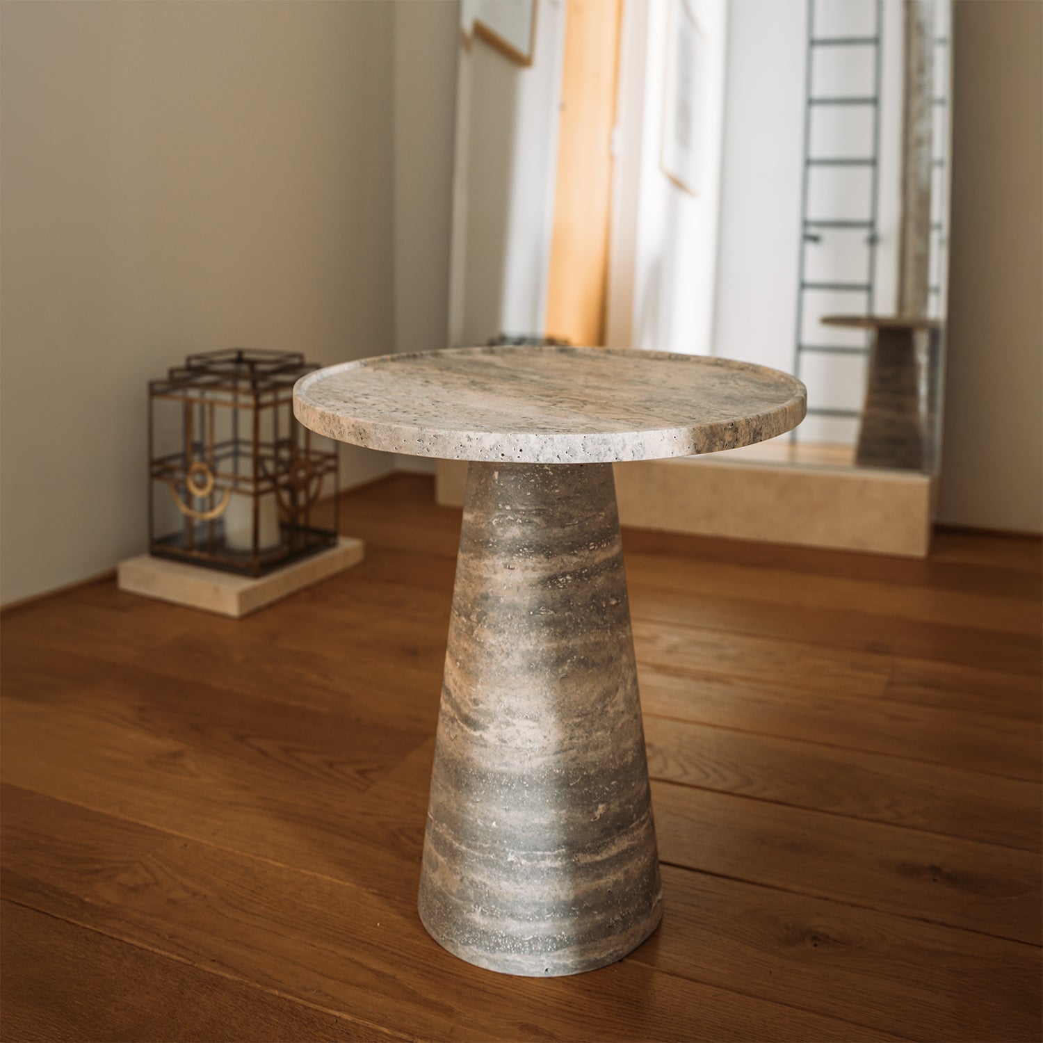 SILVER TRAVERTINE CONE SIDE TABLE