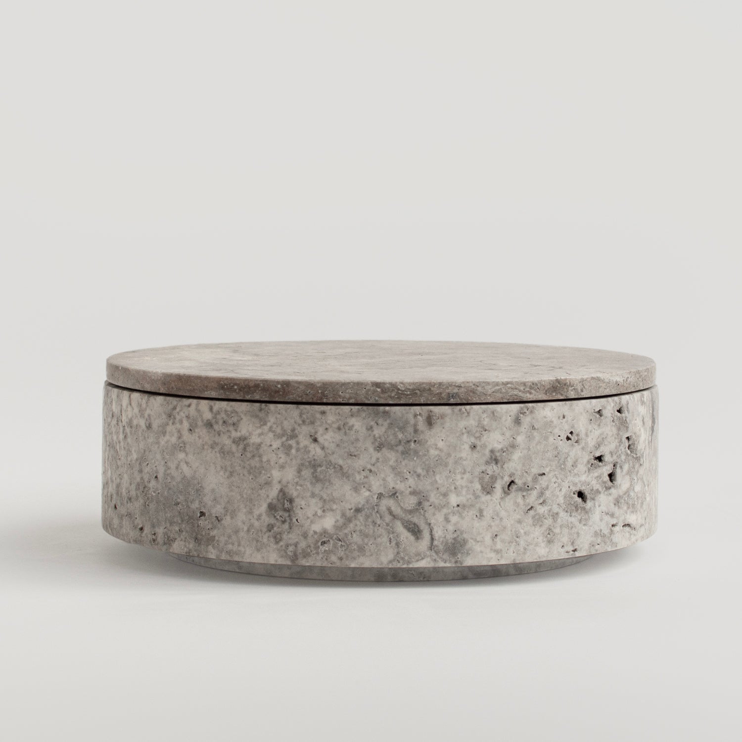 SILVER TRAVERTINE CYLINDER BOWL WITH LID