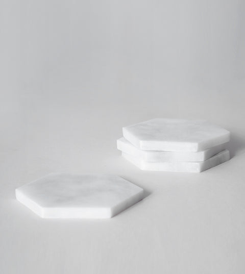 WHITE MARBLE HEXAGON COASTERS SET OF 4 - [Kiwano_Concept]
